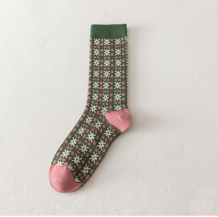 Cute Green Socks Floral Plaid Ankle Socks  Knit Christmas Socks